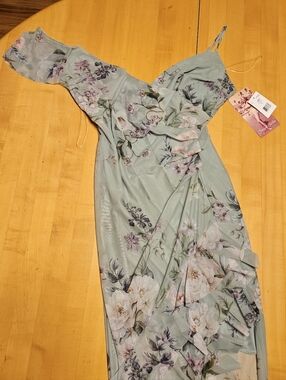 Emerald Sundae Mint Floral One-Shoulder Ruffle Dress
